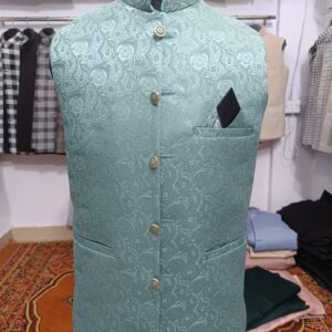 Designer Jacquard Nehru Modi Jacket in Mint Green