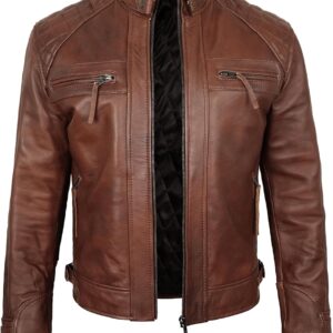 Motorcycle Leather Jacket Men - Slim Fit Moto Racer Distressed Style Timeless Fashion for Mens with Diamond Quilted Detailing