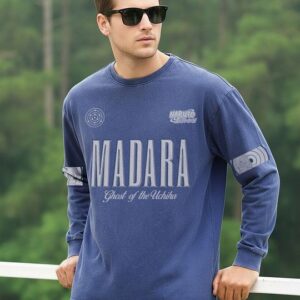 Men's Blue Madara Typography Oversized Acid Wash T-shirt