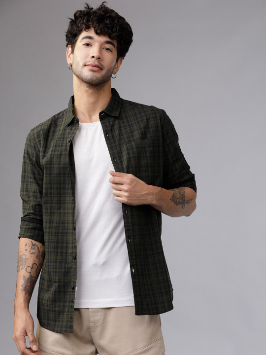 Men Olive Green & Black Slim Fit Checked Casual Shirt - Image 2