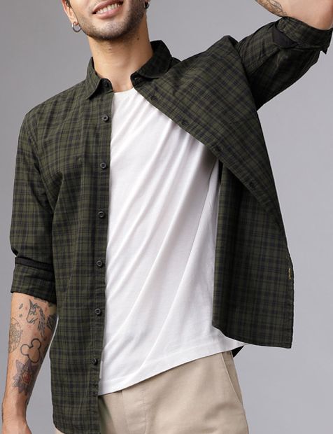 Men Olive Green & Black Slim Fit Checked Casual Shirt - Image 4